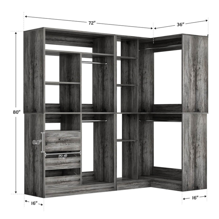 72 Inch Walk In Closet System with 3 Drawers and 4 Rods