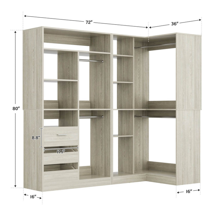 72 Inch Walk In Closet System with 3 Drawers and 4 Rods