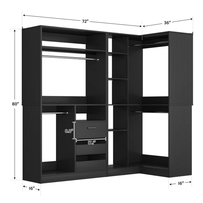 72" Closet System With 3 Drawers, 3 Long Rods And 1 Short Rod