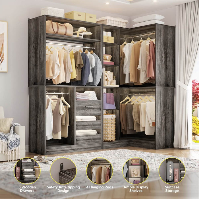 72" Closet System With 3 Drawers, 3 Long Rods And 1 Short Rod