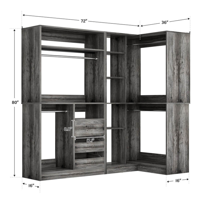 72" Closet System With 3 Drawers, 3 Long Rods And 1 Short Rod