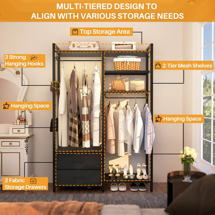 78.7'' Clothes Rack for Hanging Clothes, with 2 Drawers, Shoe Racks, and Storage Shelves