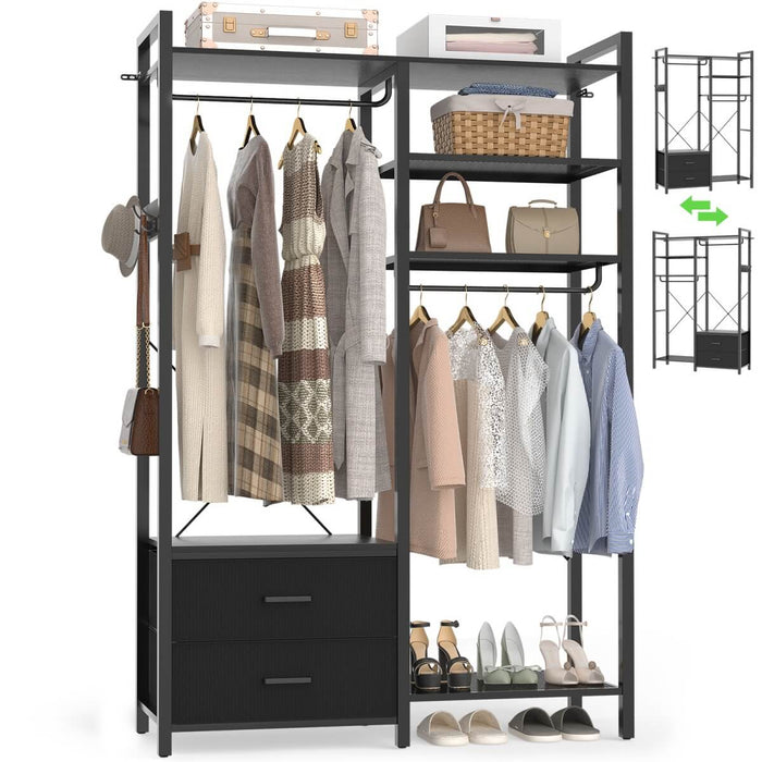78.7'' Clothes Rack for Hanging Clothes, with 2 Drawers, Shoe Racks, and Storage Shelves