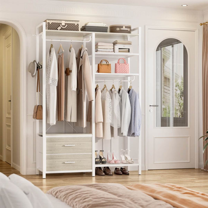 78.7'' Clothes Rack for Hanging Clothes, with 2 Drawers, Shoe Racks, and Storage Shelves