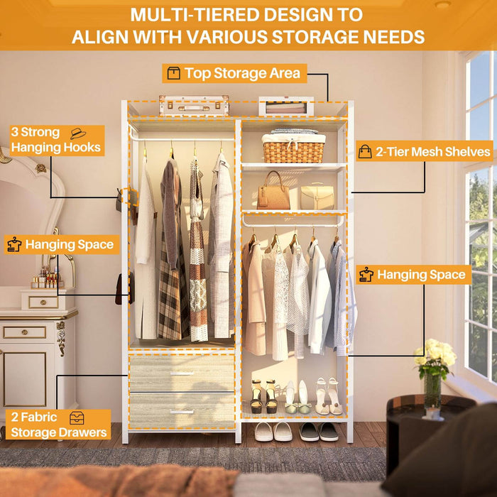 78.7'' Clothes Rack for Hanging Clothes, with 2 Drawers, Shoe Racks, and Storage Shelves