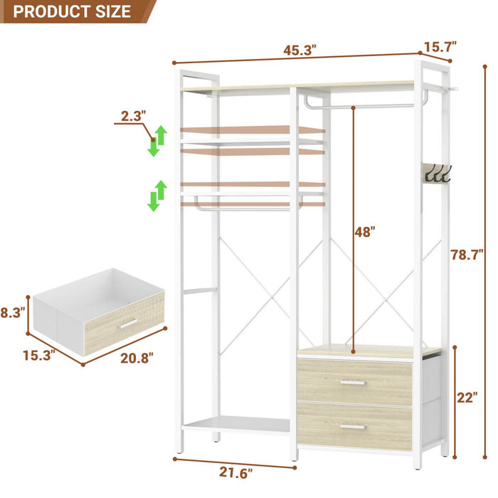 78.7'' Clothes Rack for Hanging Clothes, with 2 Drawers, Shoe Racks, and Storage Shelves