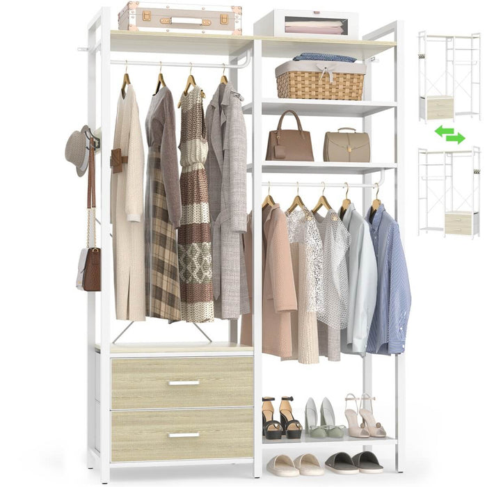 78.7'' Clothes Rack for Hanging Clothes, with 2 Drawers, Shoe Racks, and Storage Shelves