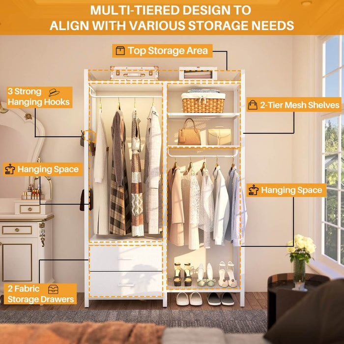 78.7'' Clothes Rack for Hanging Clothes, with 2 Drawers, Shoe Racks, and Storage Shelves