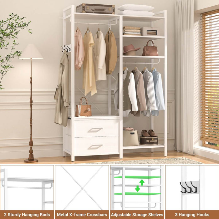 78.7'' Clothes Rack for Hanging Clothes, with 2 Drawers, Shoe Racks, and Storage Shelves