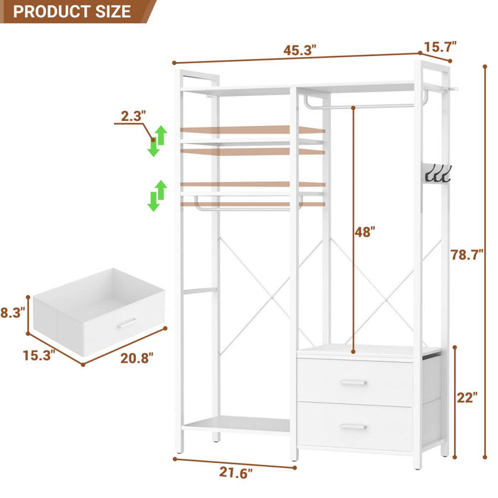 78.7'' Clothes Rack for Hanging Clothes, with 2 Drawers, Shoe Racks, and Storage Shelves