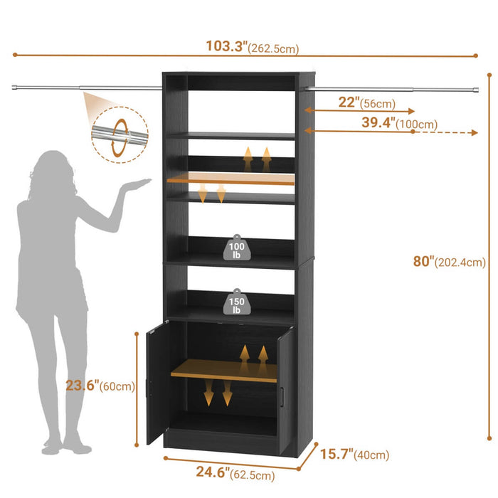 96 Inch Walk in Closet System with Hanging Rods and Storage Cabinet