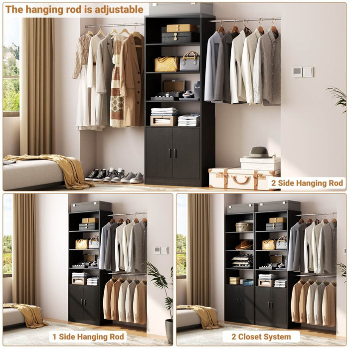 96 Inch Walk in Closet System with Hanging Rods and Storage Cabinet