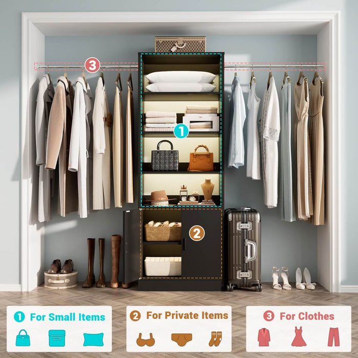 96 Inch Walk in Closet System with Hanging Rods and Storage Cabinet