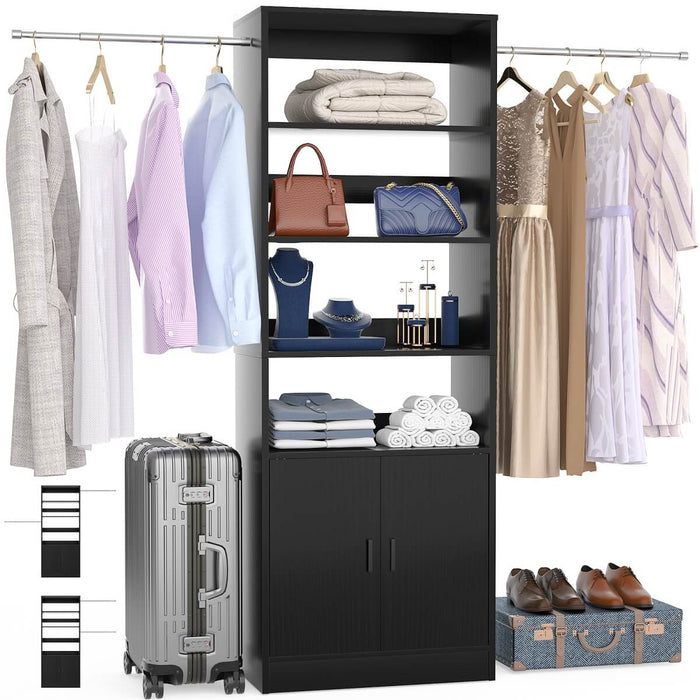 96 Inch Walk in Closet System with Hanging Rods and Storage Cabinet