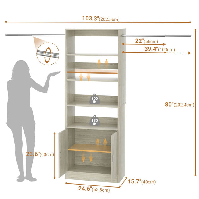 96 Inch Walk in Closet System with Hanging Rods and Storage Cabinet