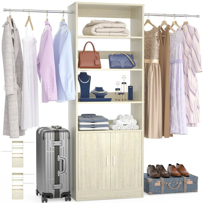 96 Inch Walk in Closet System with Hanging Rods and Storage Cabinet