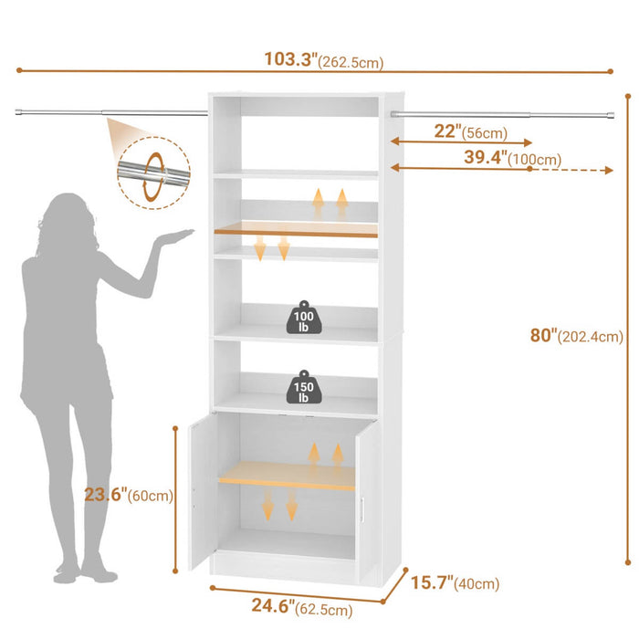 96 Inch Walk in Closet System with Hanging Rods and Storage Cabinet