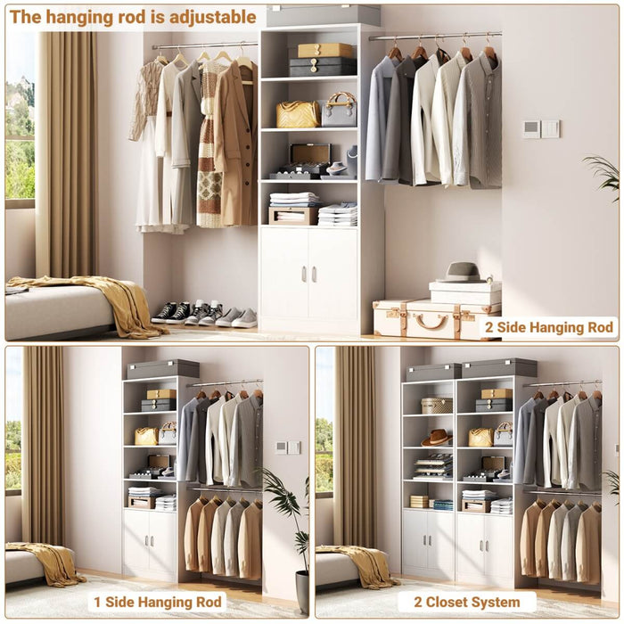 96 Inch Walk in Closet System with Hanging Rods and Storage Cabinet