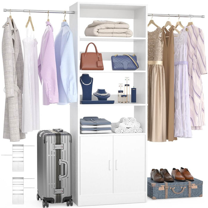 96 Inch Walk in Closet System with Hanging Rods and Storage Cabinet