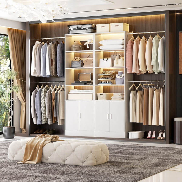 96 Inch Walk in Closet System with Hanging Rods and Storage Cabinet