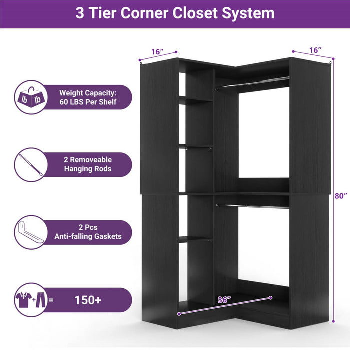 36'' Corner Closet System with 2 Hanging Rods & 5 Storage Shelves, Versatile Storage