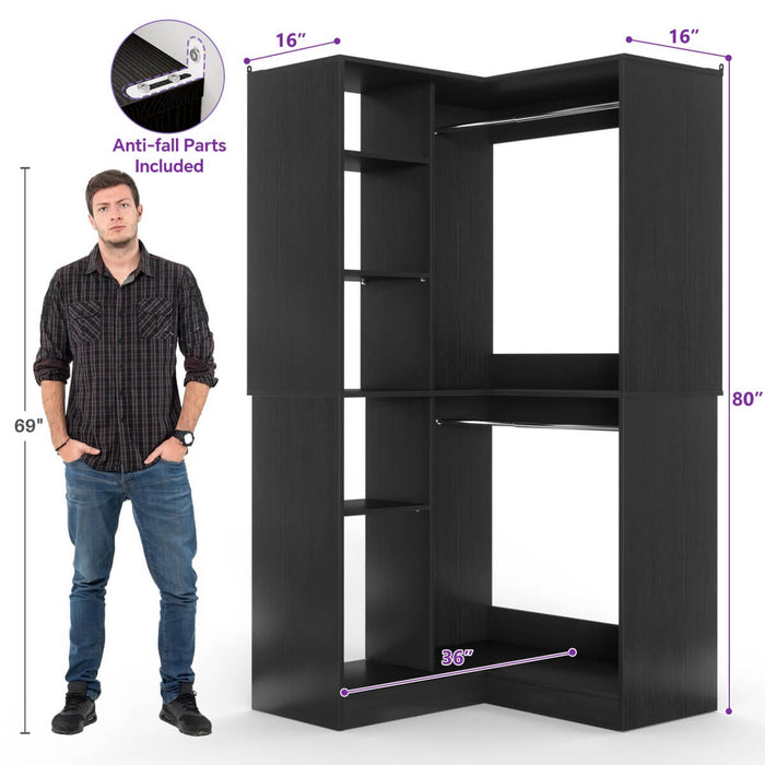 36'' Corner Closet System with 2 Hanging Rods & 5 Storage Shelves, Versatile Storage