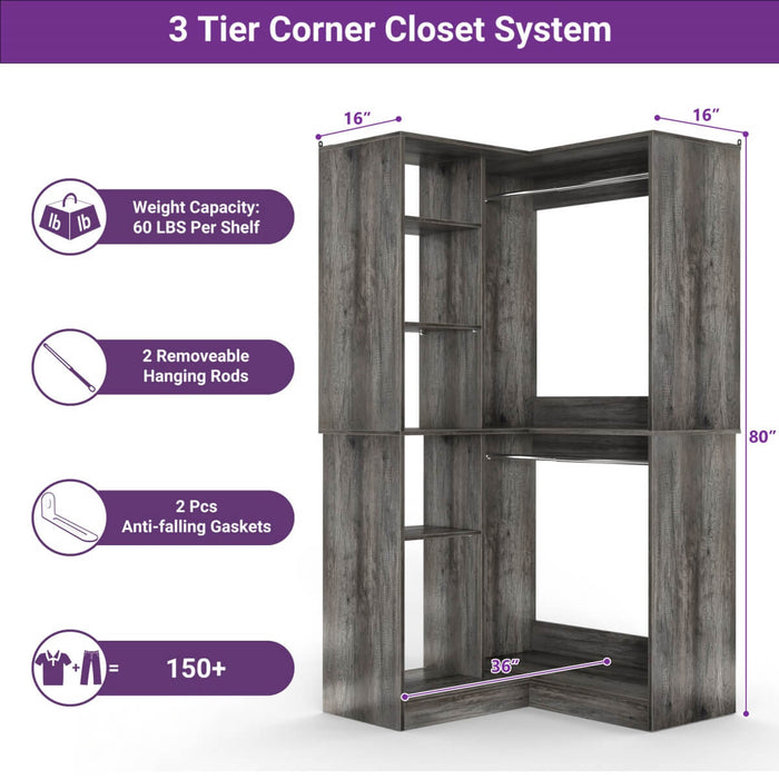 36'' Corner Closet System with 2 Hanging Rods & 5 Storage Shelves, Versatile Storage