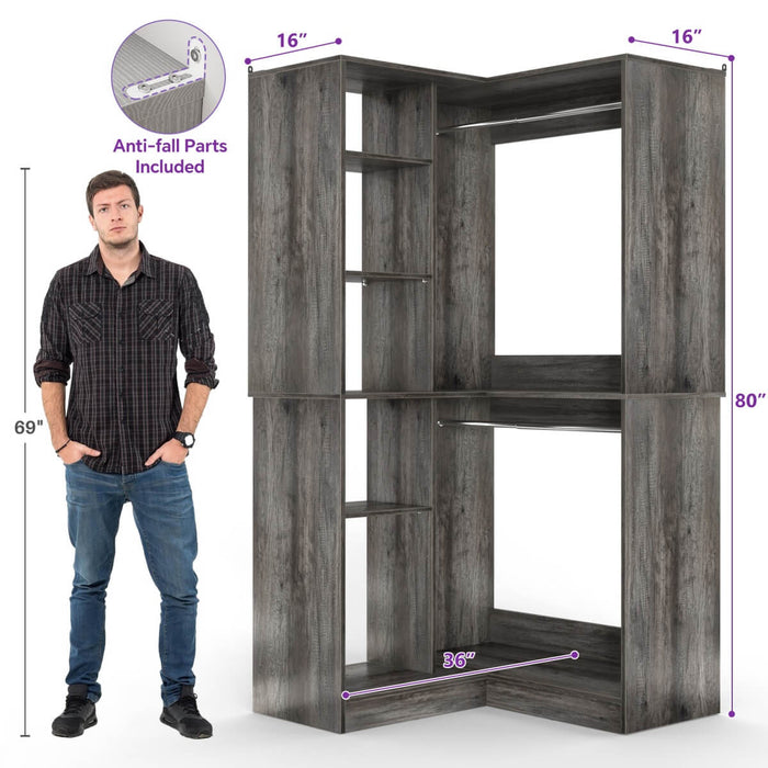 36'' Corner Closet System with 2 Hanging Rods & 5 Storage Shelves, Versatile Storage