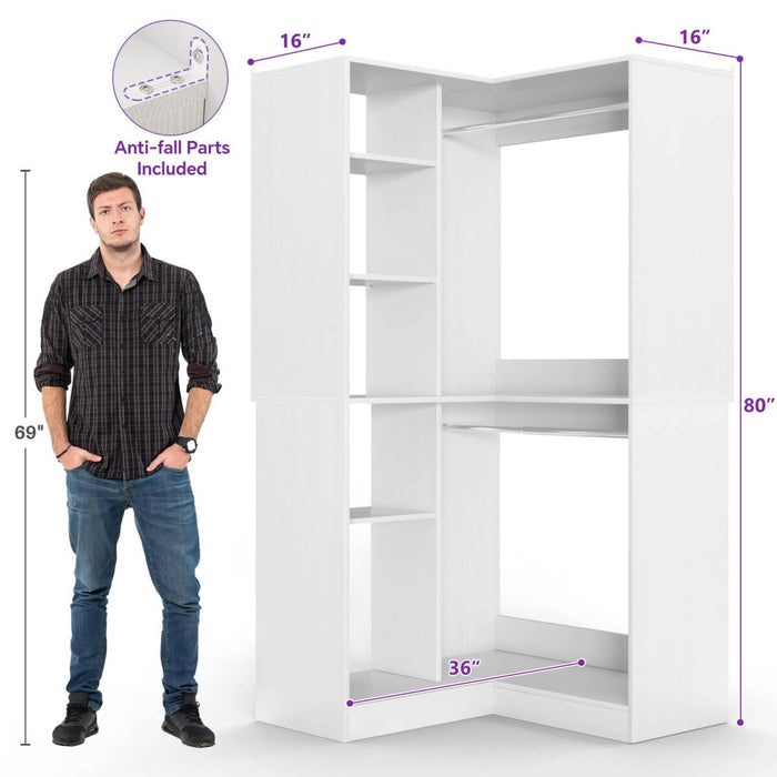36'' Corner Closet System with 2 Hanging Rods & 5 Storage Shelves, Versatile Storage