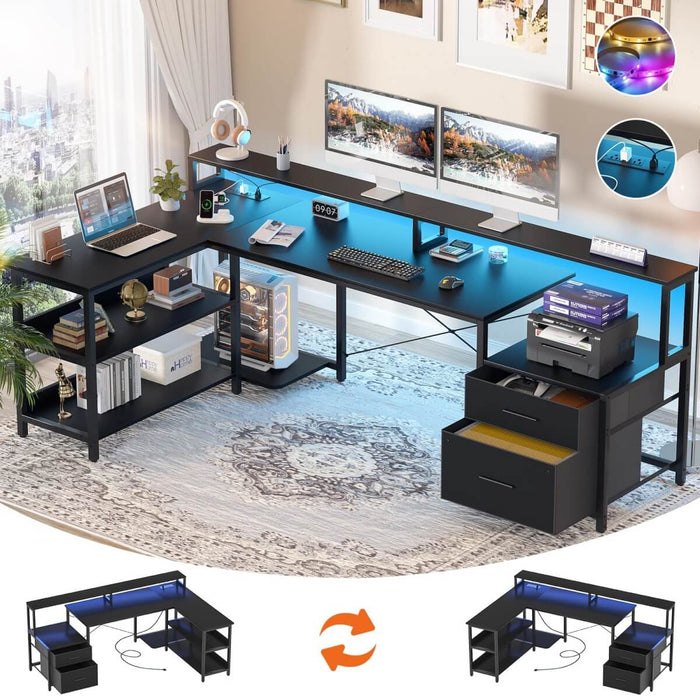 72.8'' Reversible L Shaped Desk with Outlets & LED Light, with File Drawers and Monitor Stand