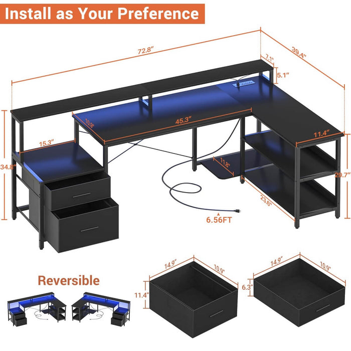 72.8'' Reversible L Shaped Desk with Outlets & LED Light, with File Drawers and Monitor Stand