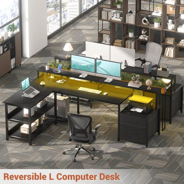 72.8'' Reversible L Shaped Desk with Outlets & LED Light, with File Drawers and Monitor Stand