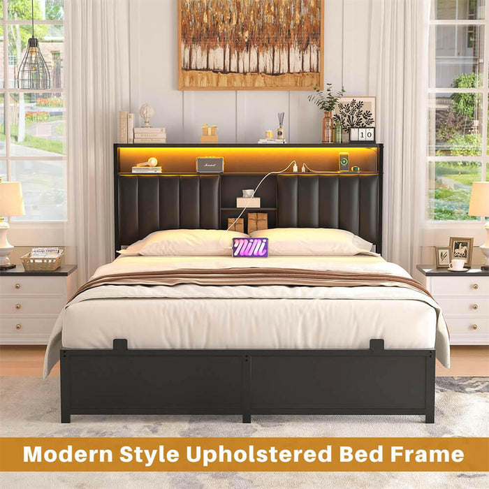 Full Size Bed Frame with Power Outlets & LED Lights, With Open Bookcase Storage