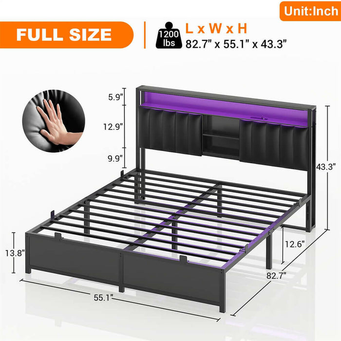 Full Size Bed Frame with Power Outlets & LED Lights, With Open Bookcase Storage