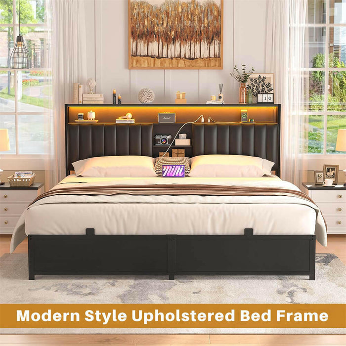 King Size Bed Frame with Power Outlets & LED Lights, With Open Bookcase Storage
