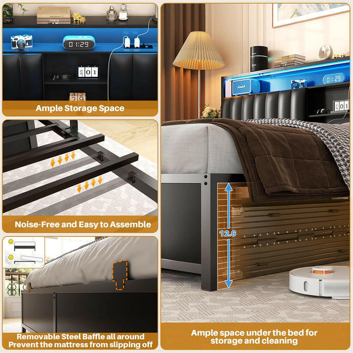 King Size Bed Frame with Power Outlets & LED Lights, With Open Bookcase Storage