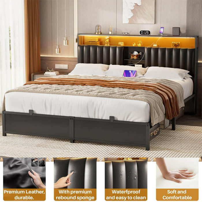 King Size Bed Frame with Power Outlets & LED Lights, With Open Bookcase Storage