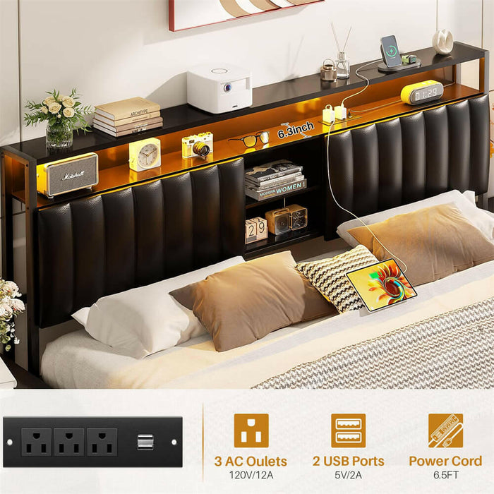 King Size Bed Frame with Power Outlets & LED Lights, With Open Bookcase Storage