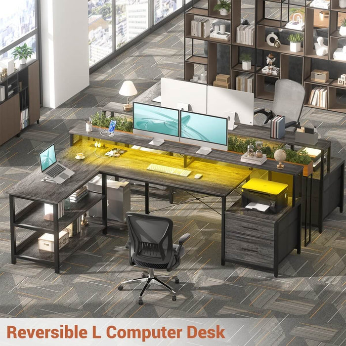 72.8'' Reversible L Shaped Desk with Outlets & LED Light, with File Drawers and Monitor Stand