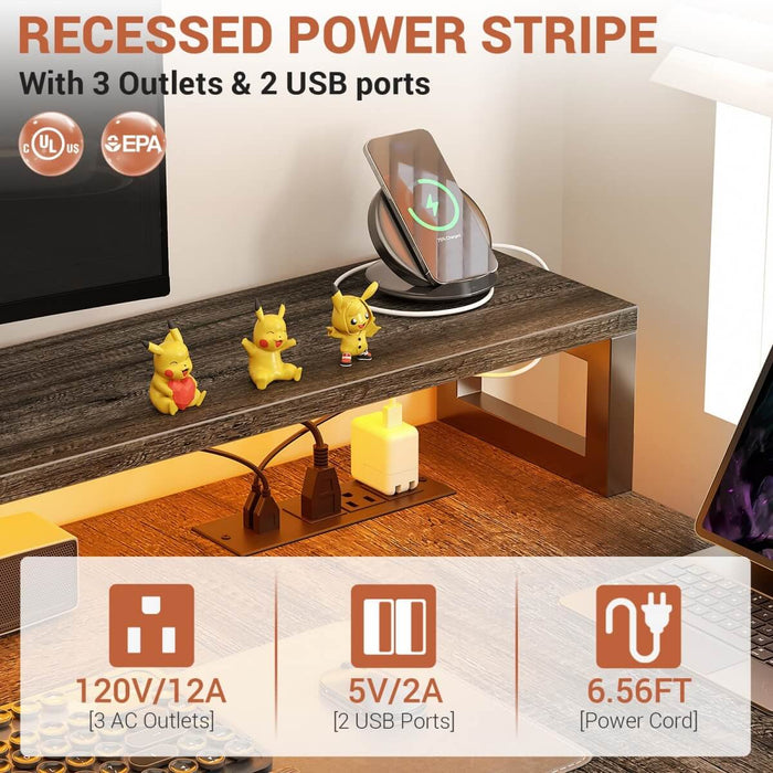 72.8'' Reversible L Shaped Desk with Outlets & LED Light, with File Drawers and Monitor Stand