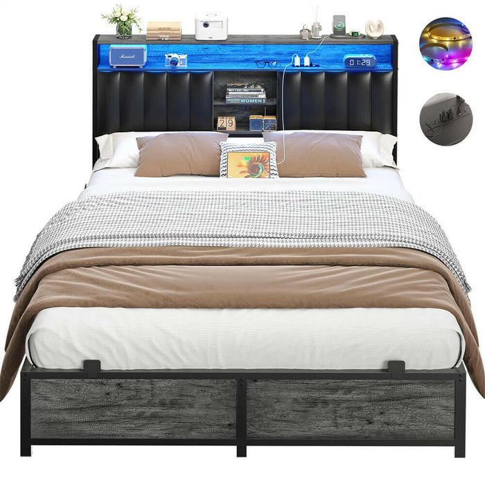 Full Size Bed Frame with Power Outlets & LED Lights, With Open Bookcase Storage
