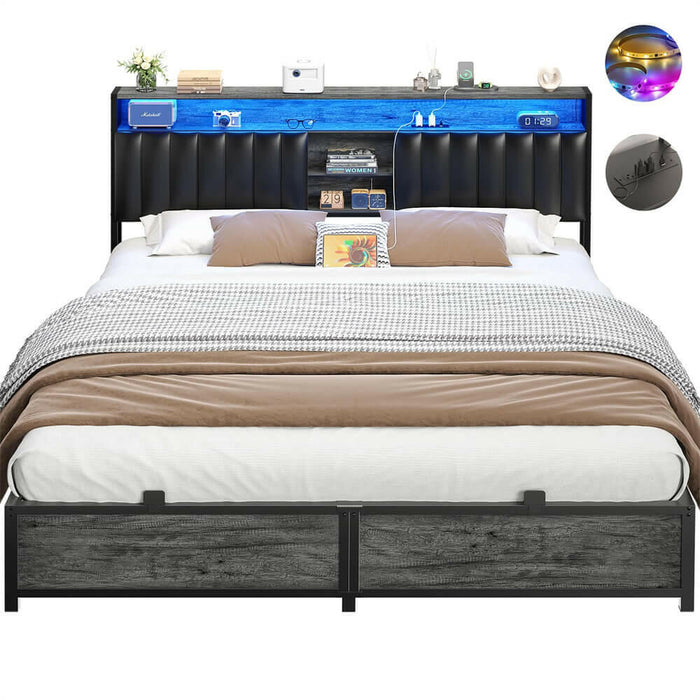 King Size Bed Frame with Power Outlets & LED Lights, With Open Bookcase Storage