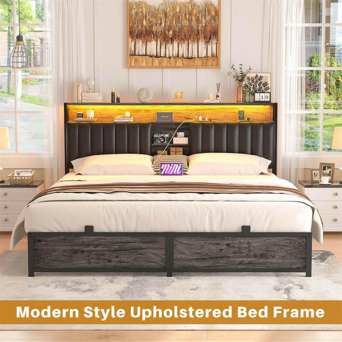 King Size Bed Frame with Power Outlets & LED Lights, With Open Bookcase Storage