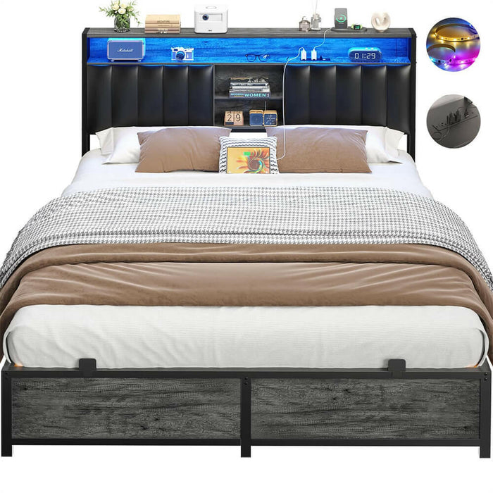 Queen Size Bed Frame with Power Outlets & LED Lights, With Open Bookcase Storage