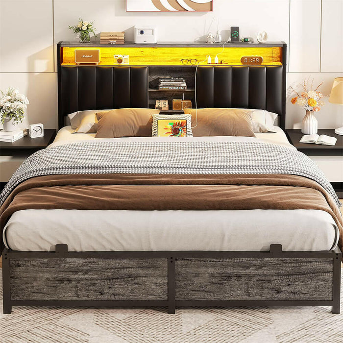 Queen Size Bed Frame with Power Outlets & LED Lights, With Open Bookcase Storage