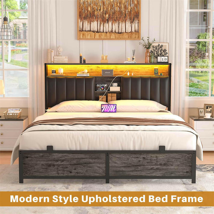 Queen Size Bed Frame with Power Outlets & LED Lights, With Open Bookcase Storage