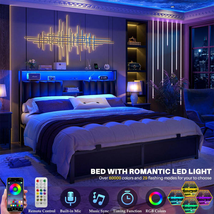 Queen Size Bed Frame with Power Outlets & LED Lights, With Open Bookcase Storage