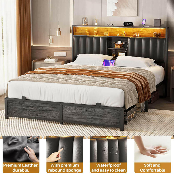 Queen Size Bed Frame with Power Outlets & LED Lights, With Open Bookcase Storage