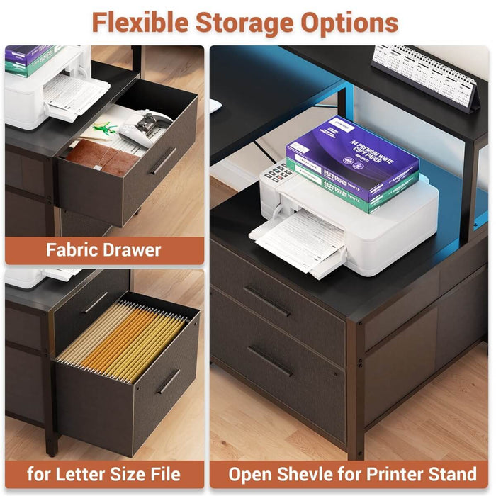 67'' L Shaped Desk with Drawer, Power Outlets & LED Strip, Reversible