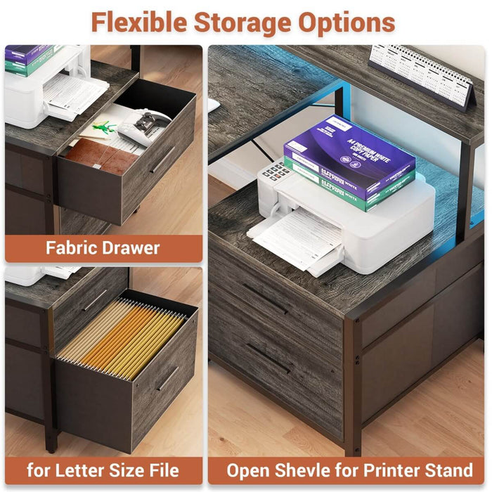 67'' L Shaped Desk with Drawer, Power Outlets & LED Strip, Reversible